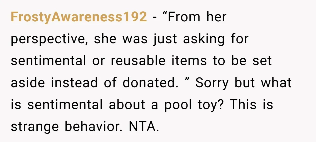 FrostyAwareness192 − “From her perspective, she was just asking for sentimental or reusable items to be set aside instead of donated. ” Sorry but what is sentimental about a pool...