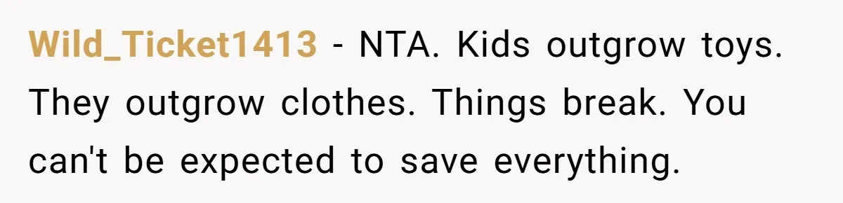 Wild_Ticket1413 − NTA. Kids outgrow toys. They outgrow clothes. Things break. You can't be expected to save everything.