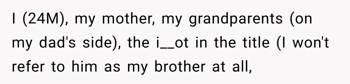He Told His Mother He Never Wants His Brother at His Future Wedding After Watching Him Neglect Their Sick Grandmother I (24M), my mother, my grandparents (on my dad's side), the i__ot in the title (I won't refer to him as my brother at all,