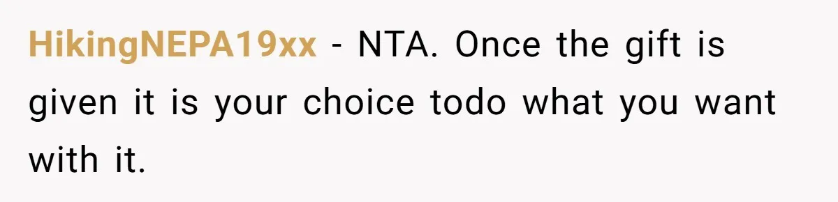 HikingNEPA19xx − NTA. Once the gift is given it is your choice todo what you want with it.