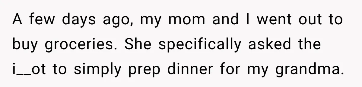 He Told His Mother He Never Wants His Brother at His Future Wedding After Watching Him Neglect Their Sick Grandmother A few days ago, my mom and I went out to buy groceries. She specifically asked the i__ot to simply prep dinner for my grandma.