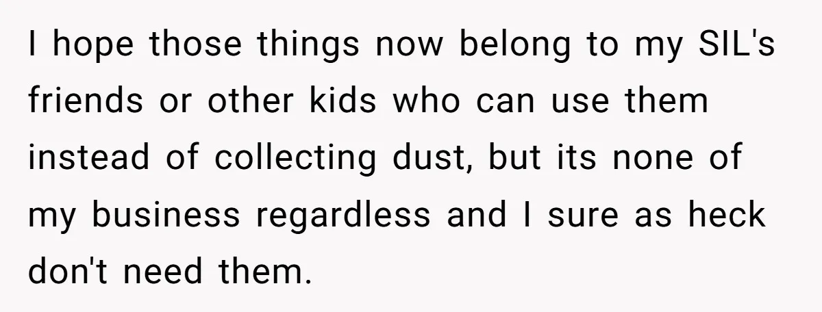 I hope those things now belong to my SIL's friends or other kids who can use them instead of collecting dust, but its none of my business regardless and I...