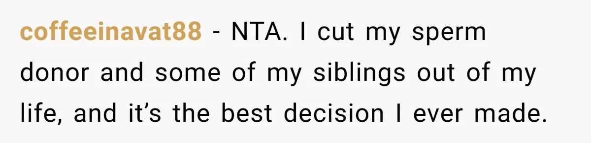 He Told His Mother He Never Wants His Brother at His Future Wedding After Watching Him Neglect Their Sick Grandmother coffeeinavat88 − NTA. I cut my sperm donor and some of my siblings out of my life, and it’s the best decision I ever made.