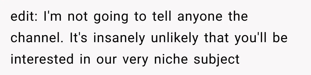 edit: I'm not going to tell anyone the channel. It's insanely unlikely that you'll be interested in our very niche subject