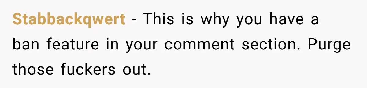 Stabbackqwert − This is why you have a ban feature in your comment section. Purge those fuckers out.