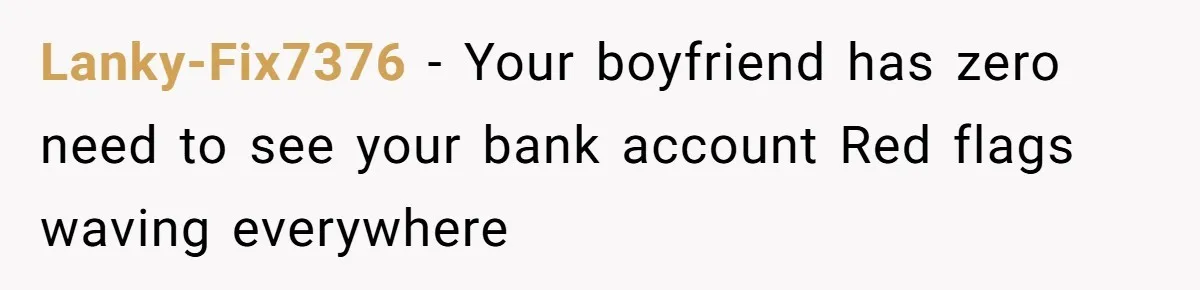 Lanky-Fix7376 − Your boyfriend has zero need to see your bank account Red flags waving everywhere