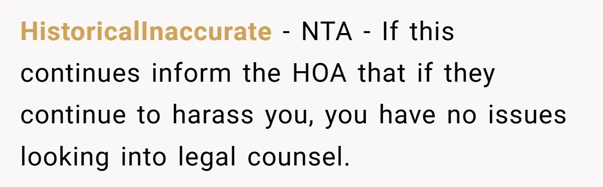 HistoricalInaccurate − NTA - If this continues inform the HOA that if they continue to harass you, you have no issues looking into legal counsel.