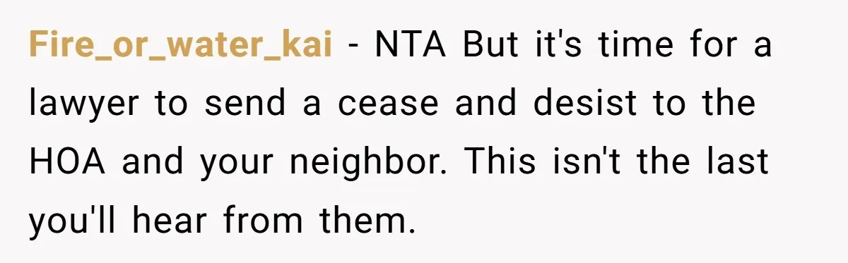 Fire_or_water_kai − NTA But it's time for a lawyer to send a cease and desist to the HOA and your neighbor. This isn't the last you'll hear from them.