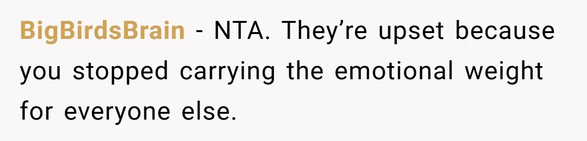 BigBirdsBrain − NTA. They’re upset because you stopped carrying the emotional weight for everyone else.