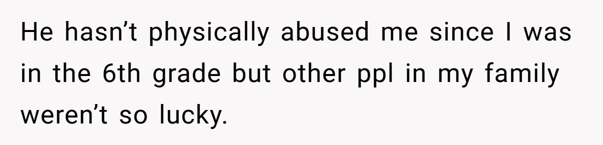 She Refused to Forgive Her Abusive Brother After Her Mother Begged Her to Reconcile, and It Split the Family Further He hasn’t physically abused me since I was in the 6th grade but other ppl in my family weren’t so lucky.