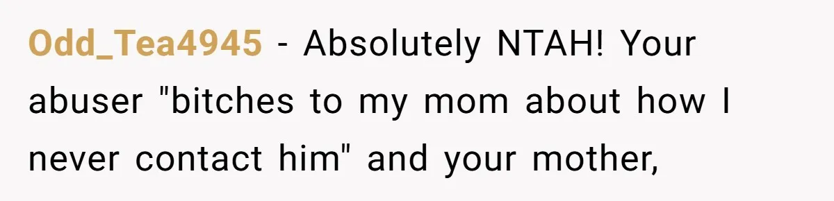 She Refused to Forgive Her Abusive Brother After Her Mother Begged Her to Reconcile, and It Split the Family Further Odd_Tea4945 − Absolutely NTAH! Your abuser "bitches to my mom about how I never contact him" and your mother,