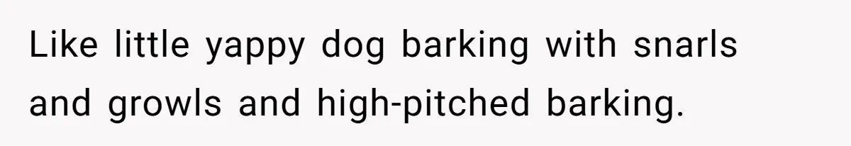 Like little yappy dog barking with snarls and growls and high-pitched barking.