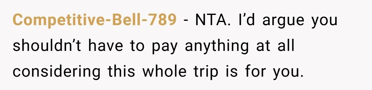 Competitive-Bell-789 − NTA. I’d argue you shouldn’t have to pay anything at all considering this whole trip is for you.