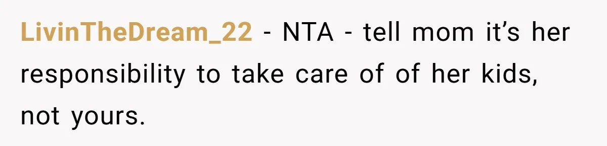 LivinTheDream_22 − NTA - tell mom it’s her responsibility to take care of of her kids, not yours.