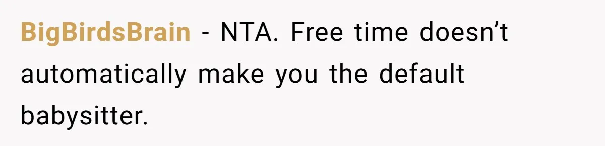 BigBirdsBrain − NTA. Free time doesn’t automatically make you the default babysitter.