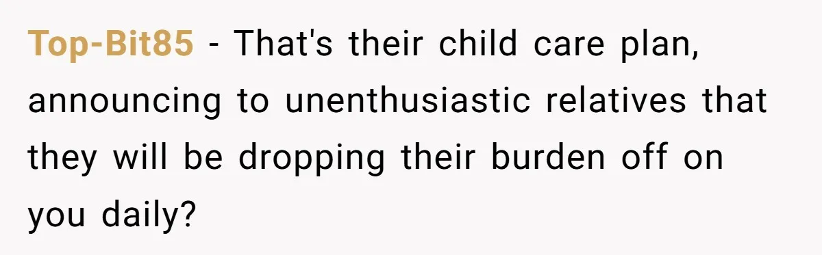 Top-Bit85 − That's their child care plan, announcing to unenthusiastic relatives that they will be dropping their burden off on you daily?