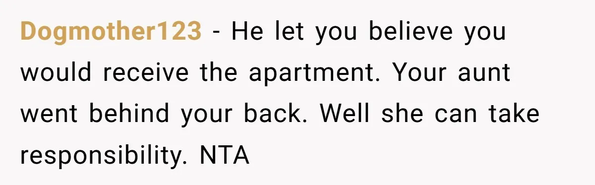 Dogmother123 − He let you believe you would receive the apartment. Your aunt went behind your back. Well she can take responsibility. NTA