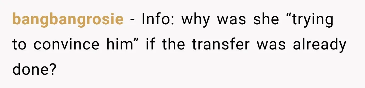 bangbangrosie − Info: why was she “trying to convince him” if the transfer was already done?