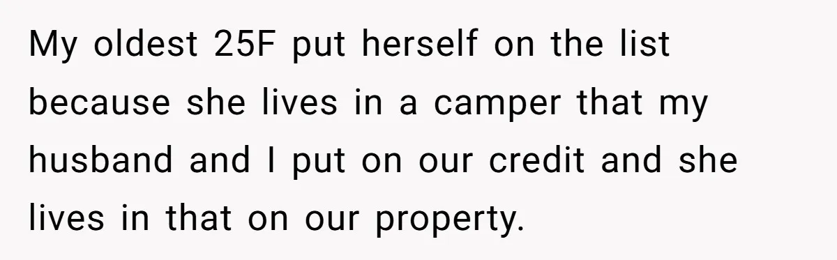 My oldest 25F put herself on the list because she lives in a camper that my husband and I put on our credit and she lives in that on our...