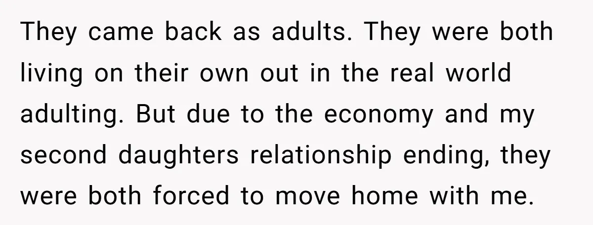 They came back as adults. They were both living on their own out in the real world adulting. But due to the economy and my second daughters relationship ending, they...