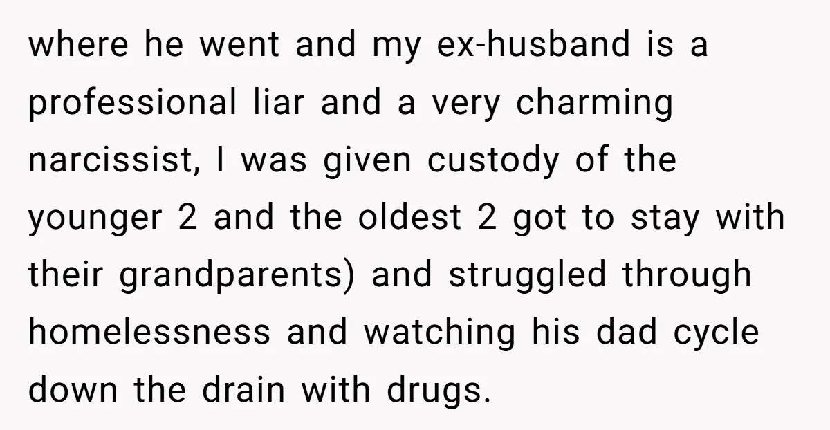 where he went and my ex-husband is a professional liar and a very charming narcissist, I was given custody of the younger 2 and the oldest 2 got to stay...