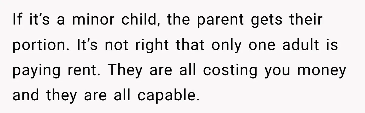 If it’s a minor child, the parent gets their portion. It’s not right that only one adult is paying rent. They are all costing you money and they are all...