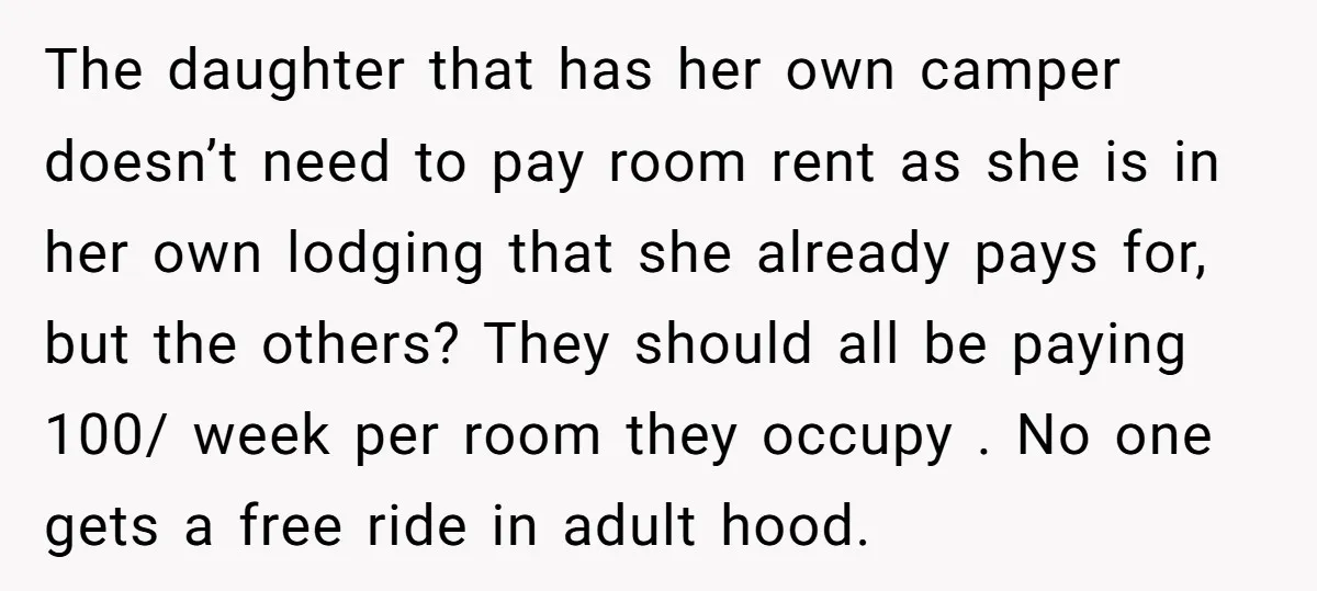 The daughter that has her own camper doesn’t need to pay room rent as she is in her own lodging that she already pays for, but the others? They should...