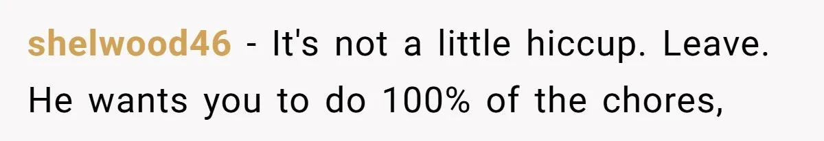 shelwood46 − It's not a little hiccup. Leave. He wants you to do 100% of the chores,