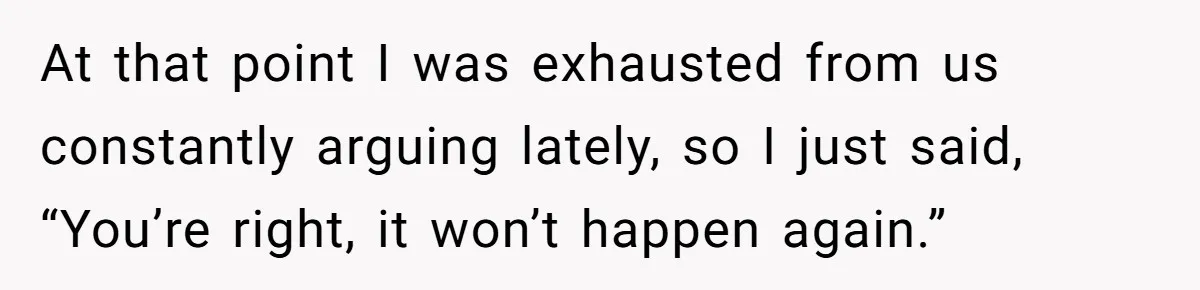 At that point I was exhausted from us constantly arguing lately, so I just said, “You’re right, it won’t happen again.”