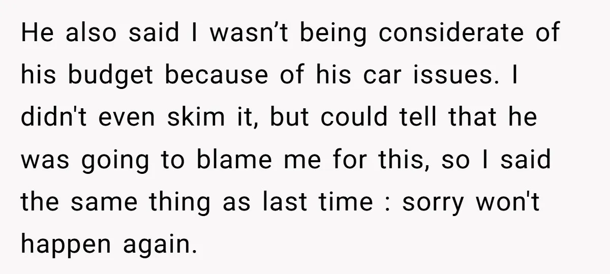 He also said I wasn’t being considerate of his budget because of his car issues. I didn't even skim it, but could tell that he was going to blame me...