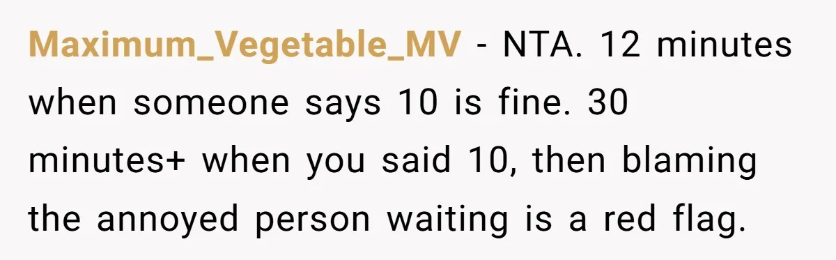 Maximum_Vegetable_MV − NTA. 12 minutes when someone says 10 is fine. 30 minutes+ when you said 10, then blaming the annoyed person waiting is a red flag.