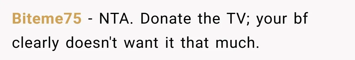 Biteme75 − NTA. Donate the TV; your bf clearly doesn't want it that much.