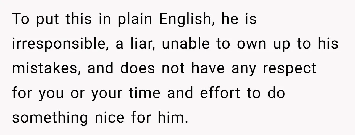 To put this in plain English, he is irresponsible, a liar, unable to own up to his mistakes, and does not have any respect for you or your time and...