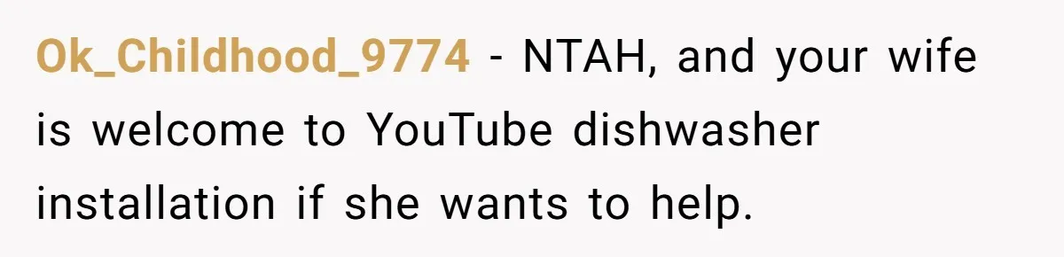 Ok_Childhood_9774 − NTAH, and your wife is welcome to YouTube dishwasher installation if she wants to help.
