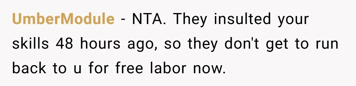 UmberModule − NTA. They insulted your skills 48 hours ago, so they don't get to run back to u for free labor now.