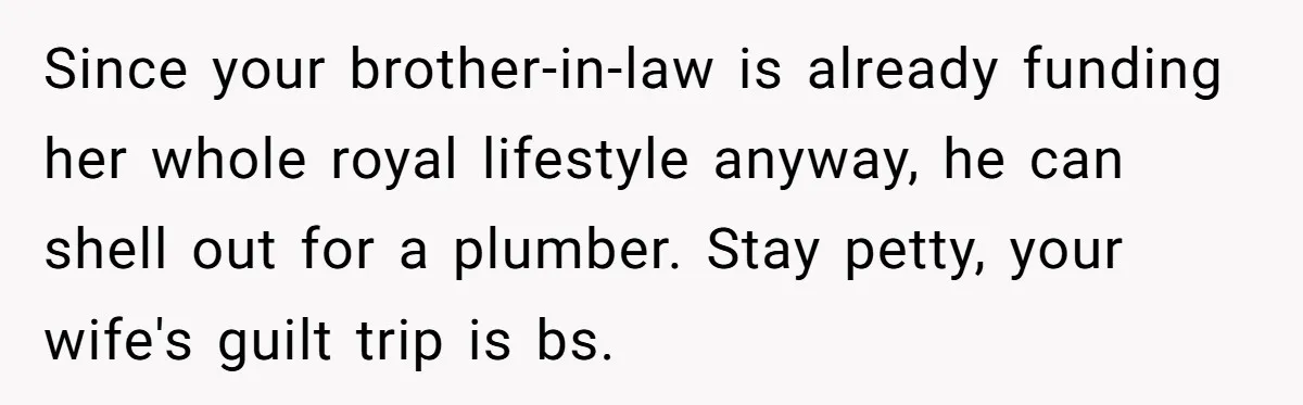 Since your brother-in-law is already funding her whole royal lifestyle anyway, he can shell out for a plumber. Stay petty, your wife's guilt trip is bs.