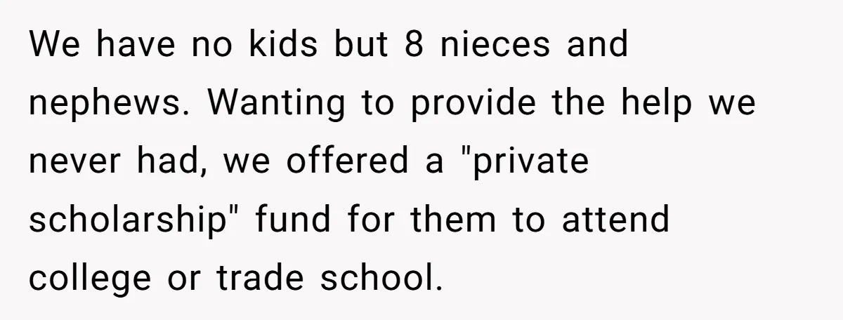 This Man Refused to Pay $100K Toward His Niece’s $300K Student Debt After She Ignored His Scholarship Rules, and the Family Exploded We have no kids but 8 nieces and nephews. Wanting to provide the help we never had, we offered a "private scholarship" fund for them to attend college or trade...