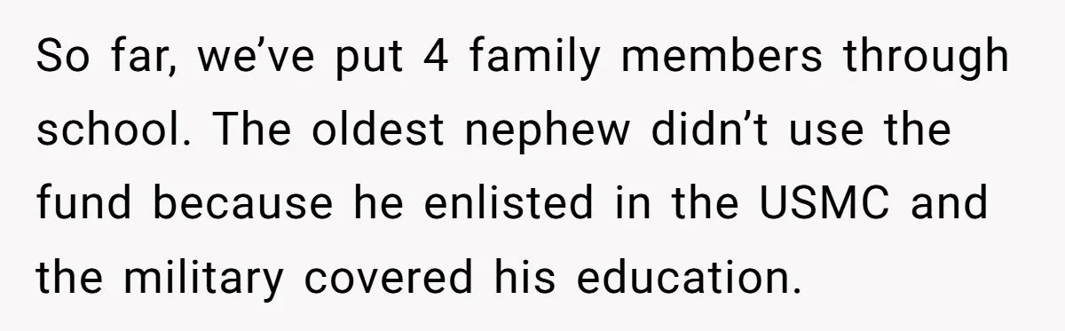 This Man Refused to Pay $100K Toward His Niece’s $300K Student Debt After She Ignored His Scholarship Rules, and the Family Exploded So far, we’ve put 4 family members through school. The oldest nephew didn’t use the fund because he enlisted in the USMC and the military covered his education.