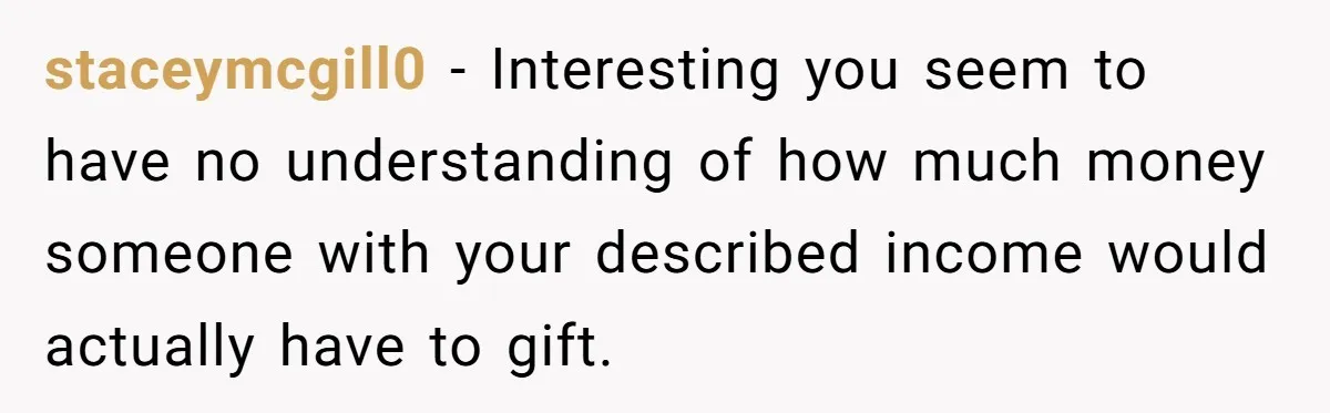 This Man Refused to Pay $100K Toward His Niece’s $300K Student Debt After She Ignored His Scholarship Rules, and the Family Exploded staceymcgill0 − Interesting you seem to have no understanding of how much money someone with your described income would actually have to gift.