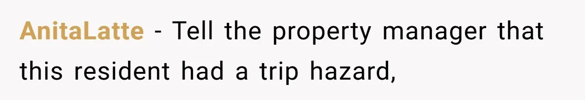 AnitaLatte − Tell the property manager that this resident had a trip hazard,