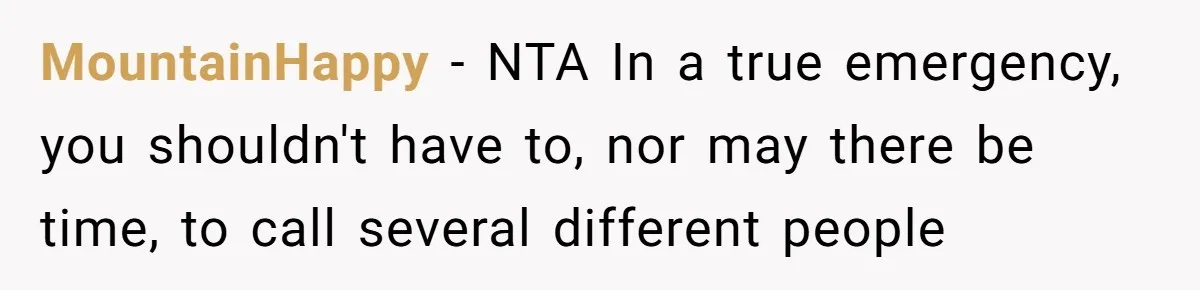 She Didn’t Tell Her Parents She Was Hospitalized for a Week After Years of Missed Calls, and Now the Family Is Divided MountainHappy − NTA In a true emergency, you shouldn't have to, nor may there be time, to call several different people