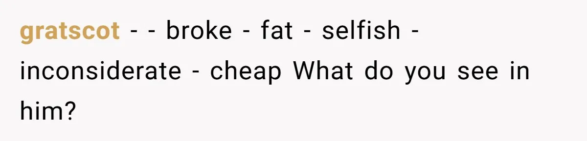 Woman Dumps “Cheap” Boyfriend After He Eats Half Her Food Every Time They Go Out gratscot − - broke - fat - selfish - inconsiderate - cheap What do you see in him?