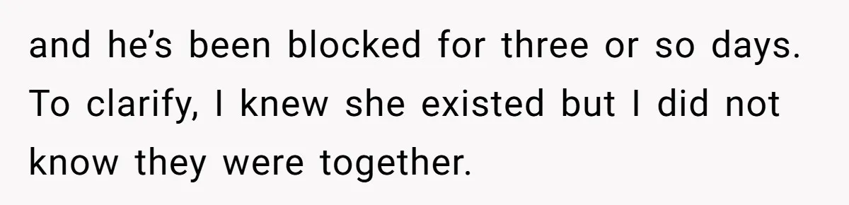 and he’s been blocked for three or so days. To clarify, I knew she existed but I did not know they were together.