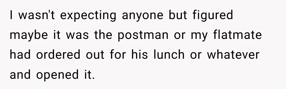 I wasn't expecting anyone but figured maybe it was the postman or my flatmate had ordered out for his lunch or whatever and opened it.