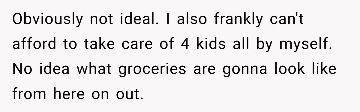 Obviously not ideal. I also frankly can't afford to take care of 4 kids all by myself. No idea what groceries are gonna look like from here on out.