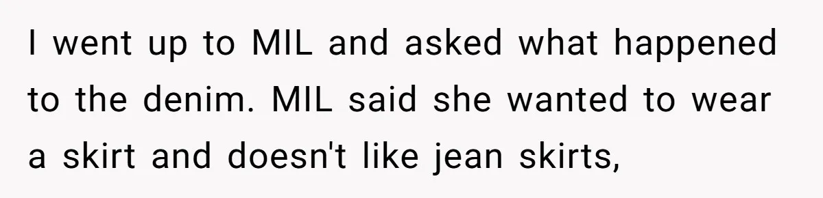 I went up to MIL and asked what happened to the denim. MIL said she wanted to wear a skirt and doesn't like jean skirts,