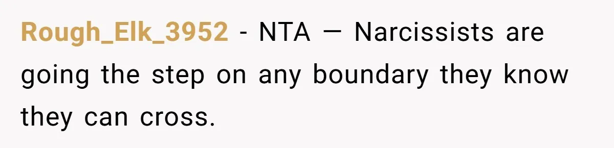 Rough_Elk_3952 − NTA — Narcissists are going the step on any boundary they know they can cross.