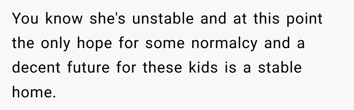 You know she's unstable and at this point the only hope for some normalcy and a decent future for these kids is a stable home.