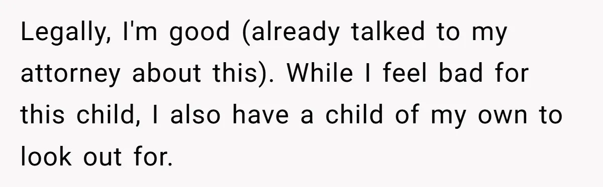Legally, I'm good (already talked to my attorney about this). While I feel bad for this child, I also have a child of my own to look out for.