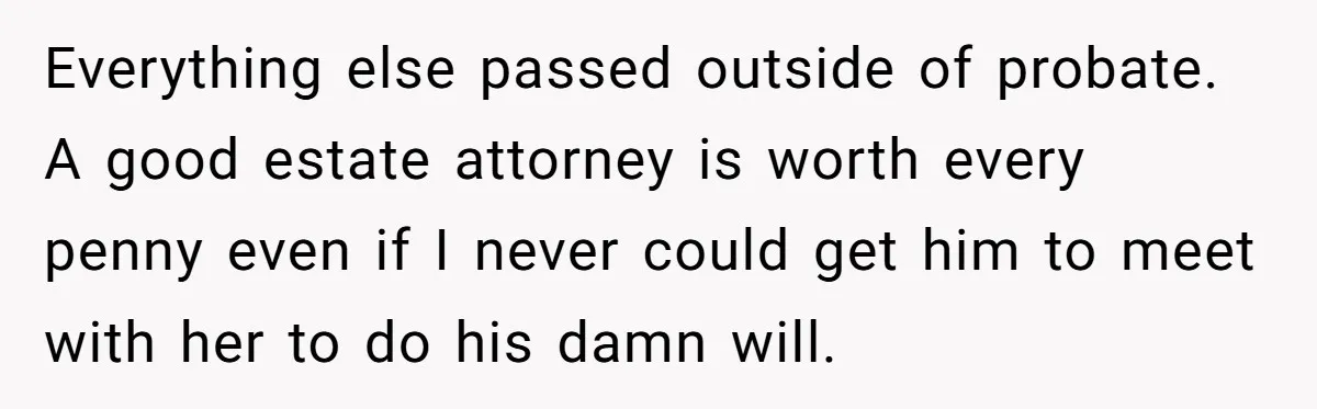 Everything else passed outside of probate. A good estate attorney is worth every penny even if I never could get him to meet with her to do his damn will.